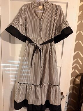 Entry Black and White Striped Midi Dress with Waist Tie. Size small.